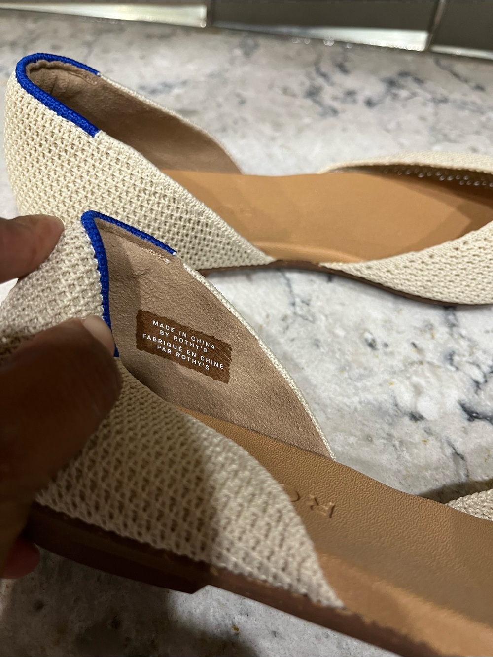 Rothy's Beige Pointed D'Orsay Flats with Blue Heel Trim - Picture 4 of 8